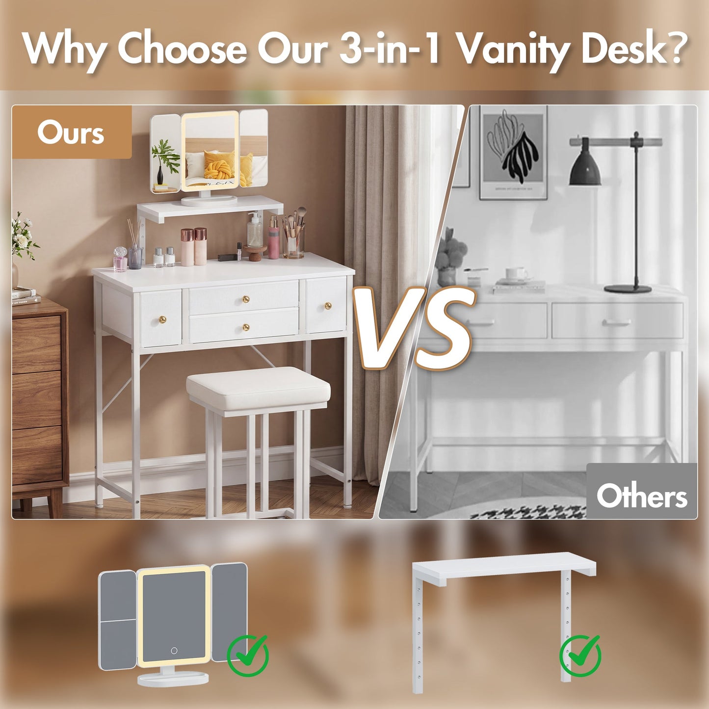 Advwin Dressing Table with LED Mirror Height-Adjustable Stand