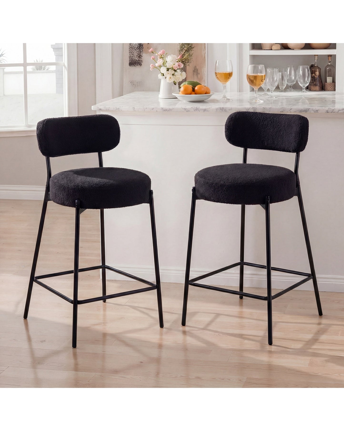 Advwin Bar Stools Set 2 Boucle Kitchen Counter Black