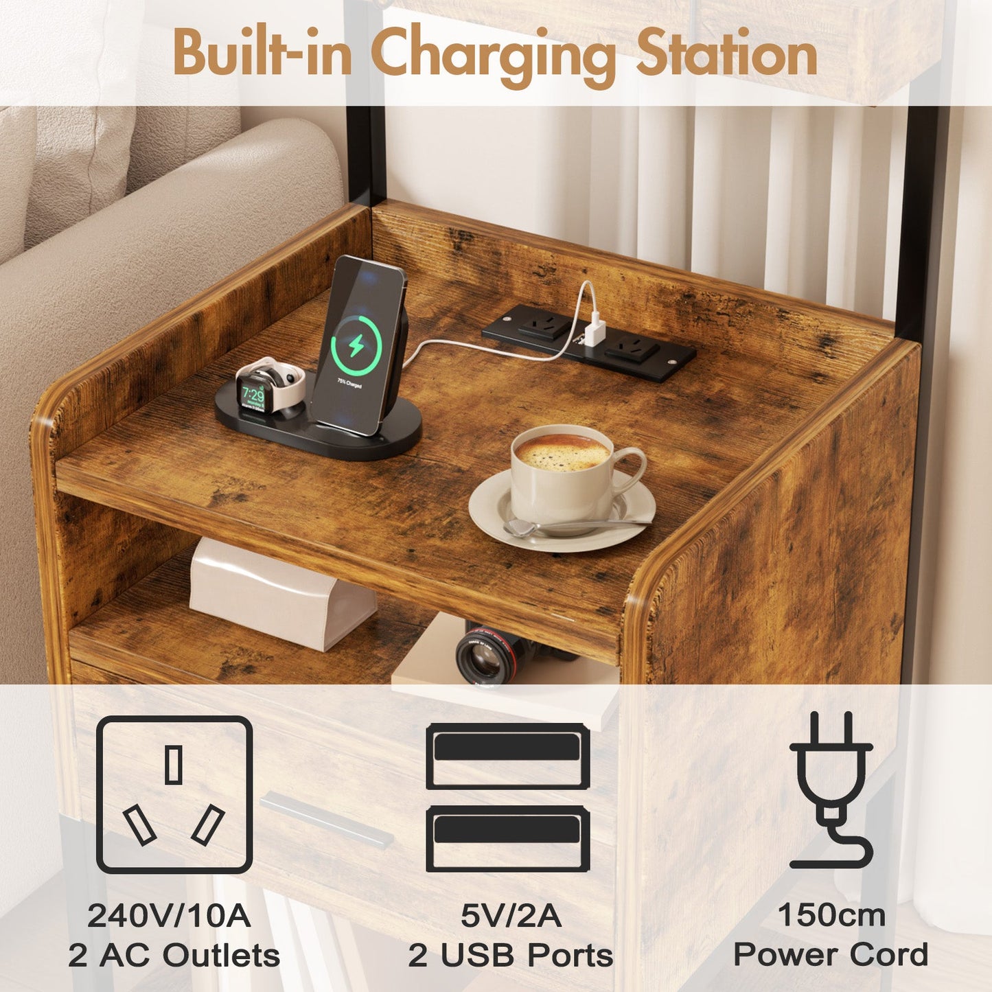 Advwin Bedside Table with Charging Station LED Lights