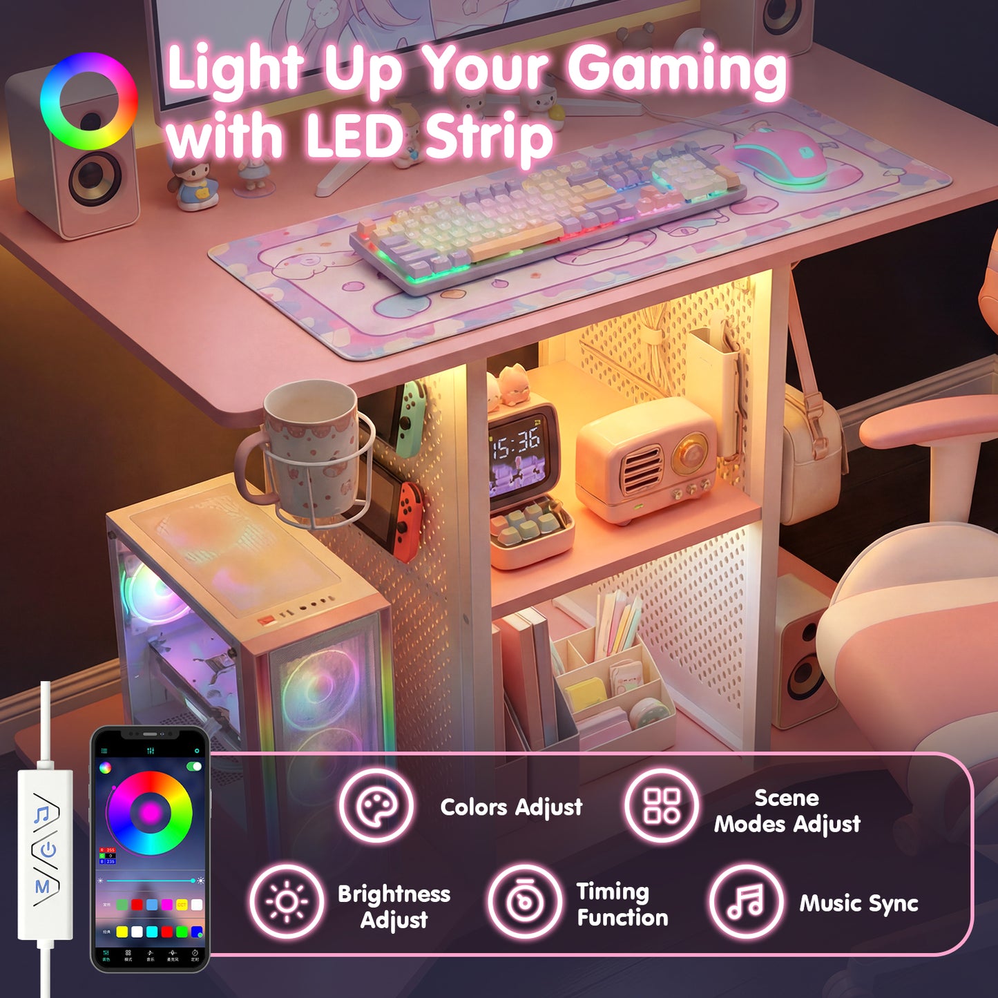 Advwin 80cm LED Gaming Desk w/ Power Outlets