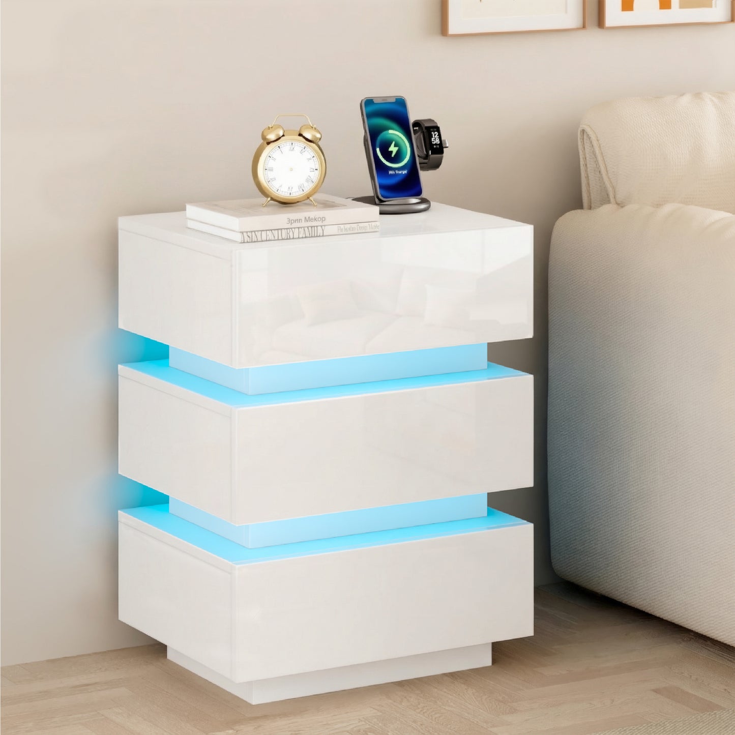Advwin Bedside Table 3 Drawers With with Charging Station
