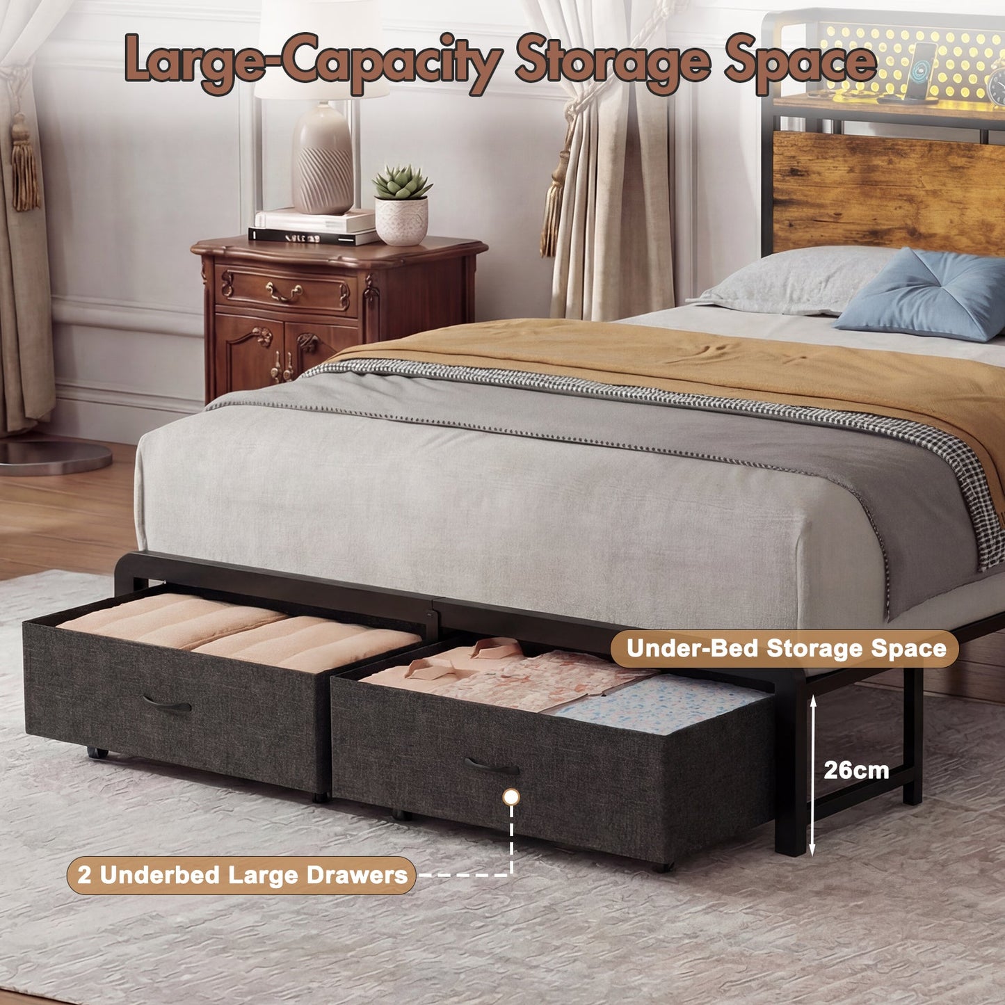 Advwin LED Bed Frame w/ Charging & 2 Drawers