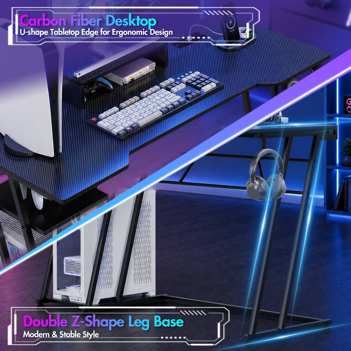 Advwin 120cm LED Gaming Desk w/ Movable Monitor Stand