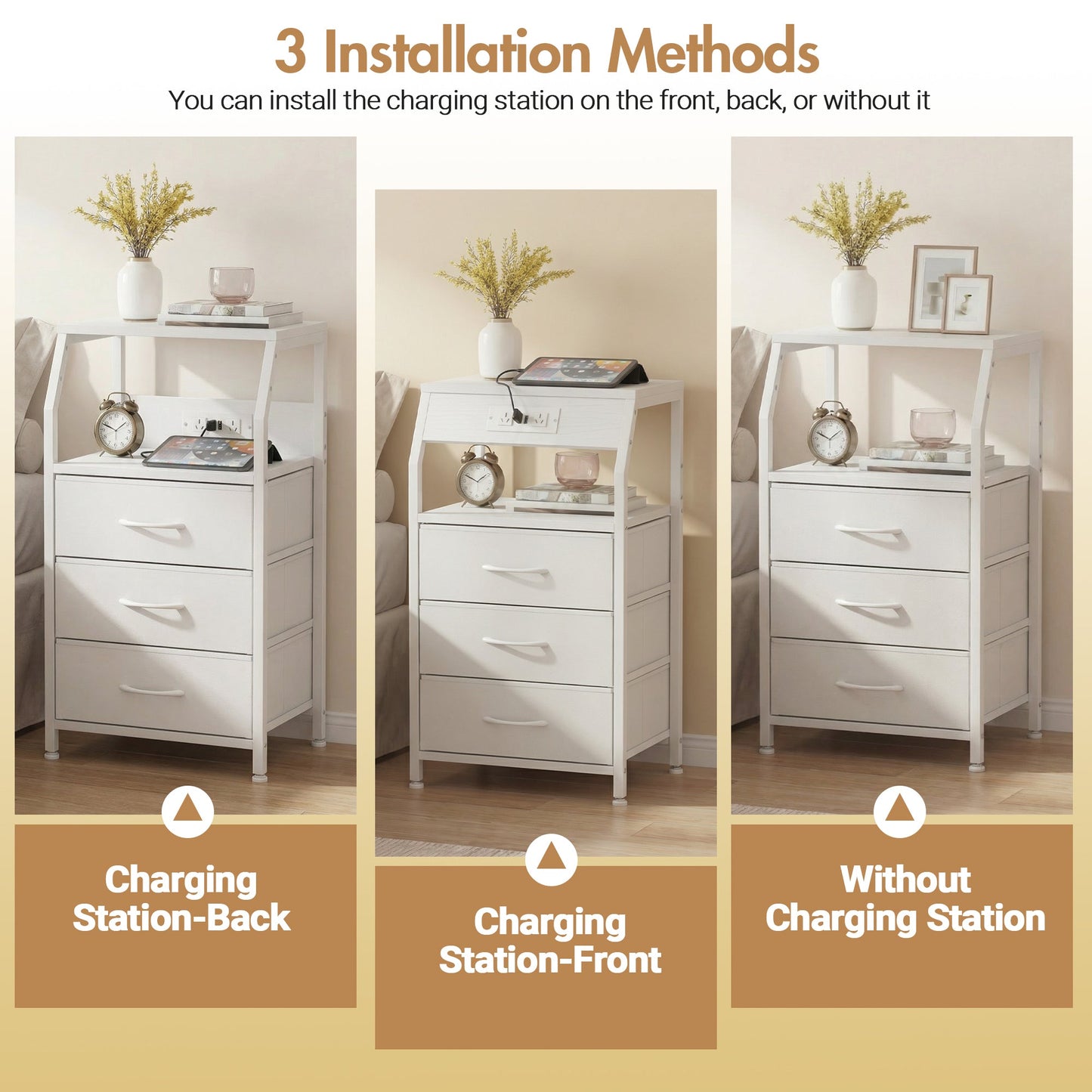 Advwin Bedside Table with 3 Drawers and Charging Station