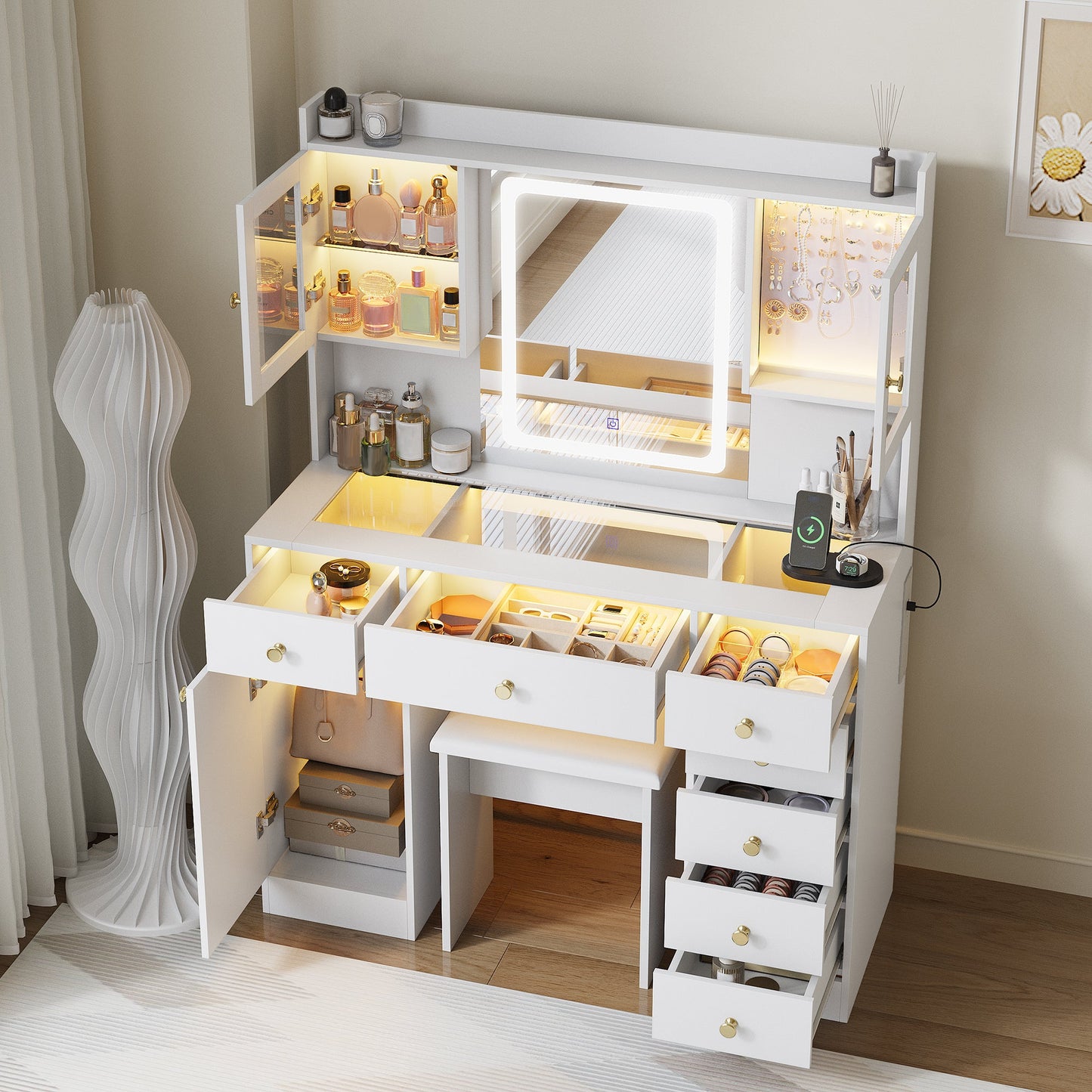 Advwin Dressing Table Set w/ Glass Desktop LED Light