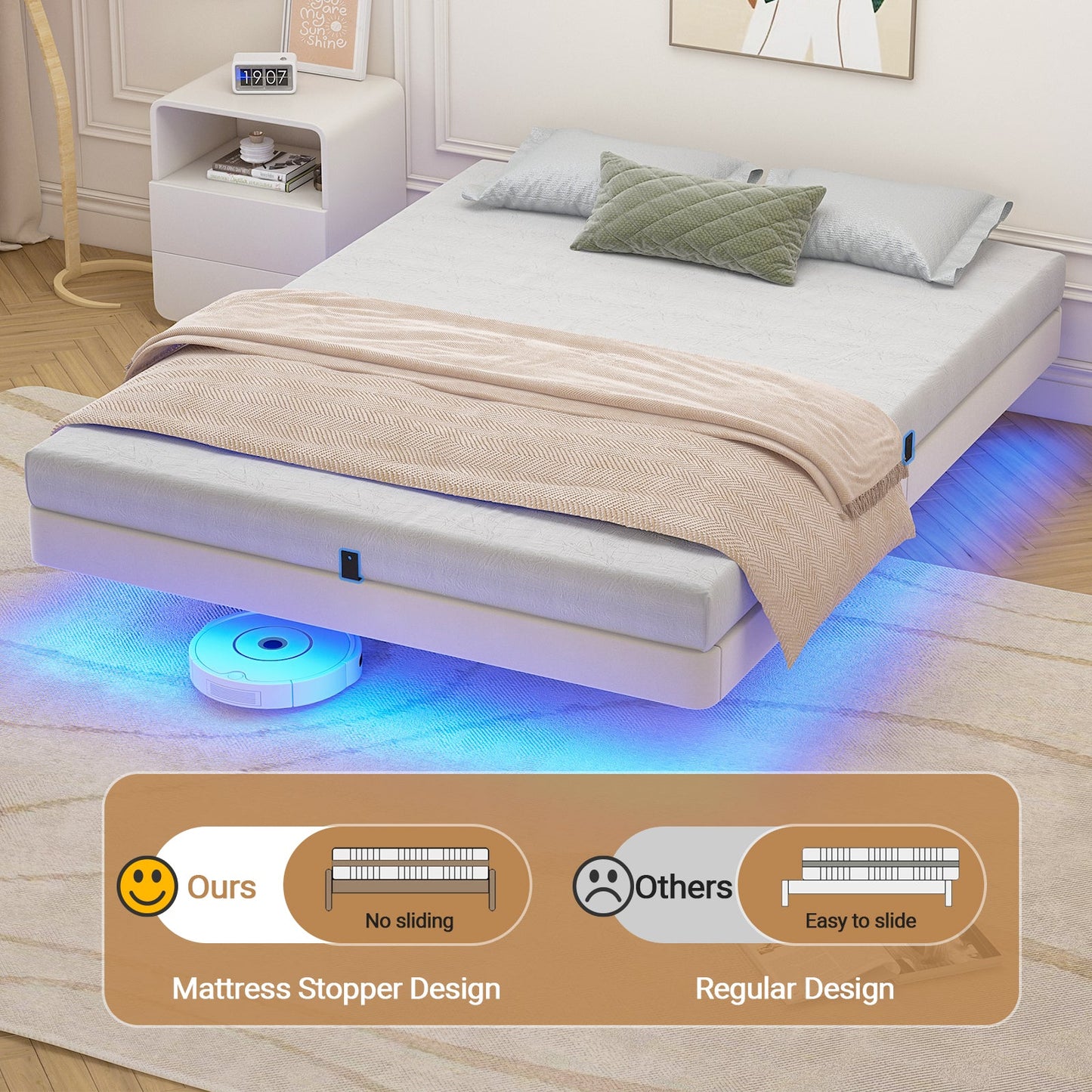 Advwin Velvet Upholstered Floating Bed Frame w/ LED