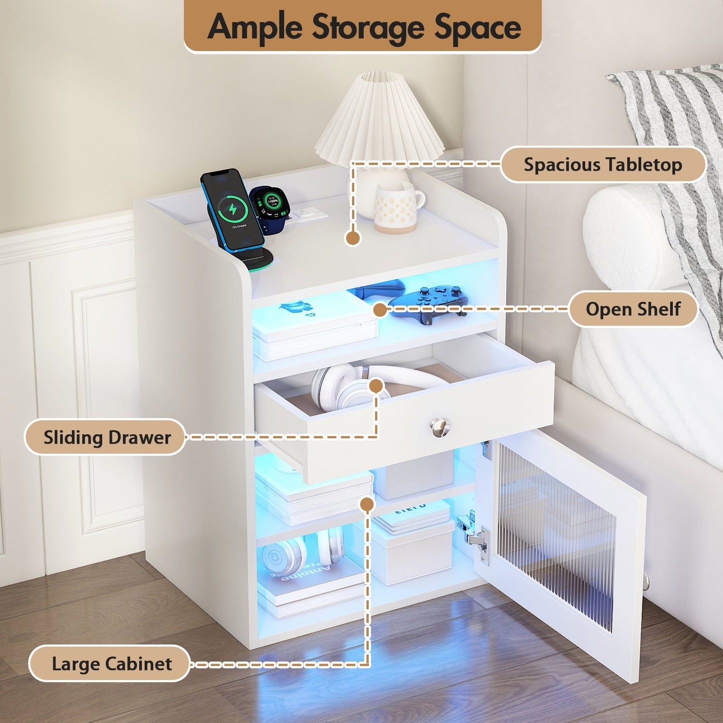 Advwin Bedside Table with Charging Station