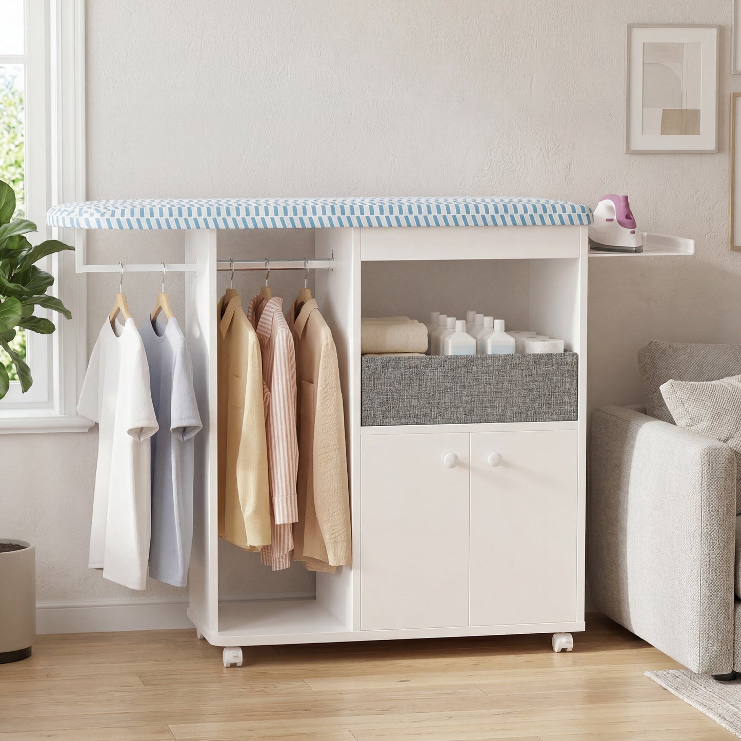 Advwin Ironing Board on Wheels with Storage & Hanger Rod