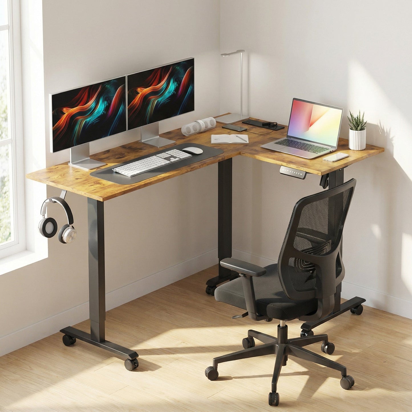 Advwin L Shaped Electric Standing Desk Charging Station
