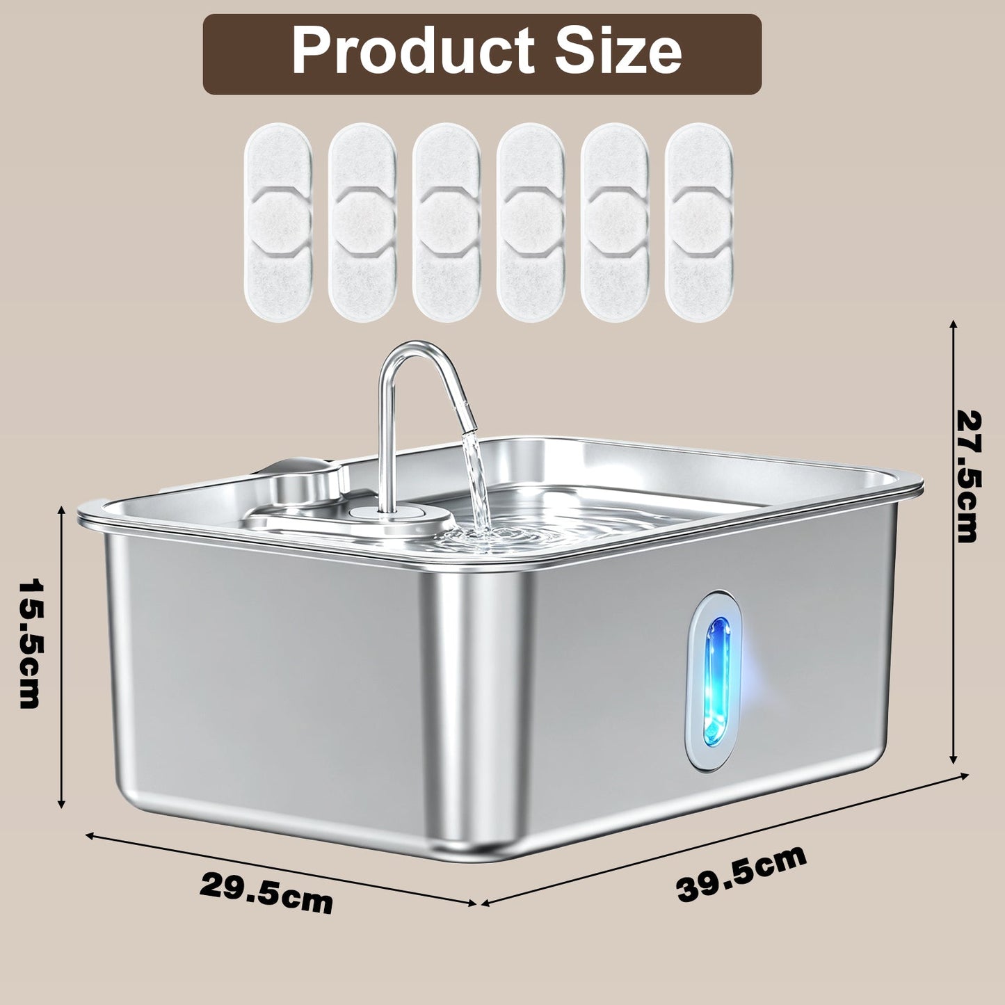 Advwin 15L Stainless Steel Dog Water Fountain w/ 6 Filters