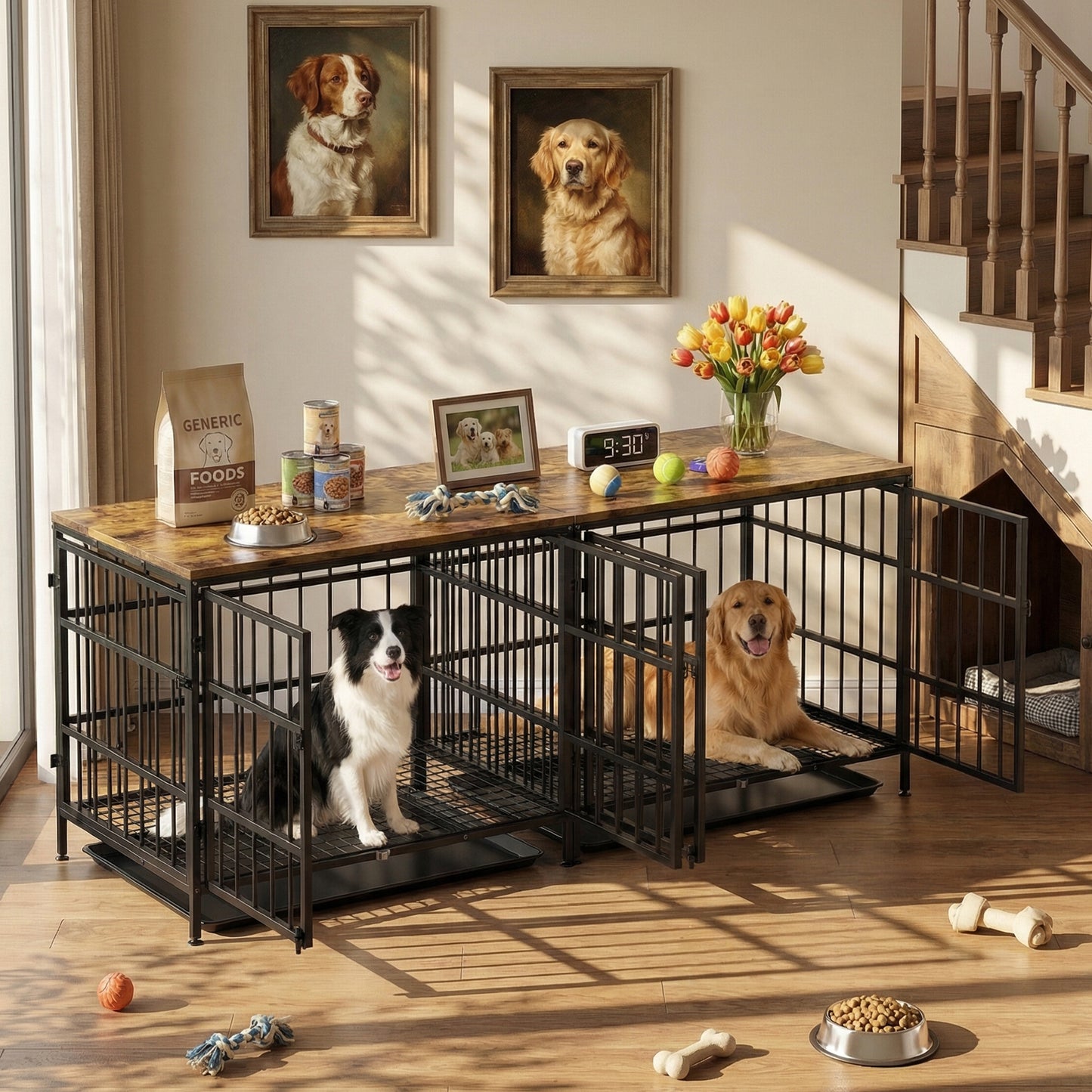 Advwin 2-in-1 Dog Crate Furniture with Trays for 2 Dogs