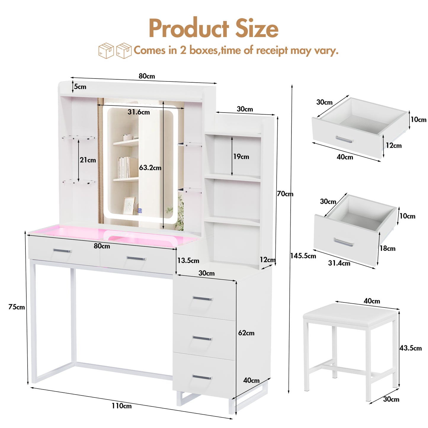 Advwin Dressing Table Set with Glass Desktop LED Light