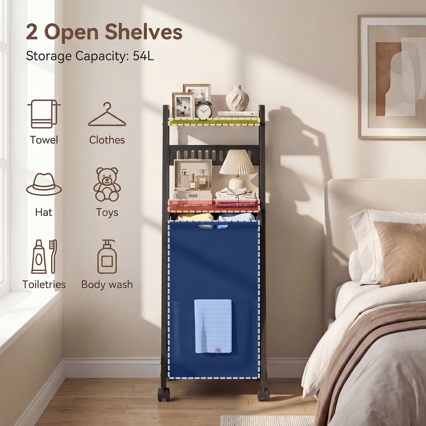 Advwin Laundry Basket with 2-Tier Shelves 54L