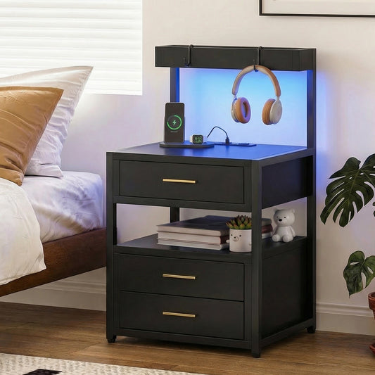 Advwin black bedside table with LED lights