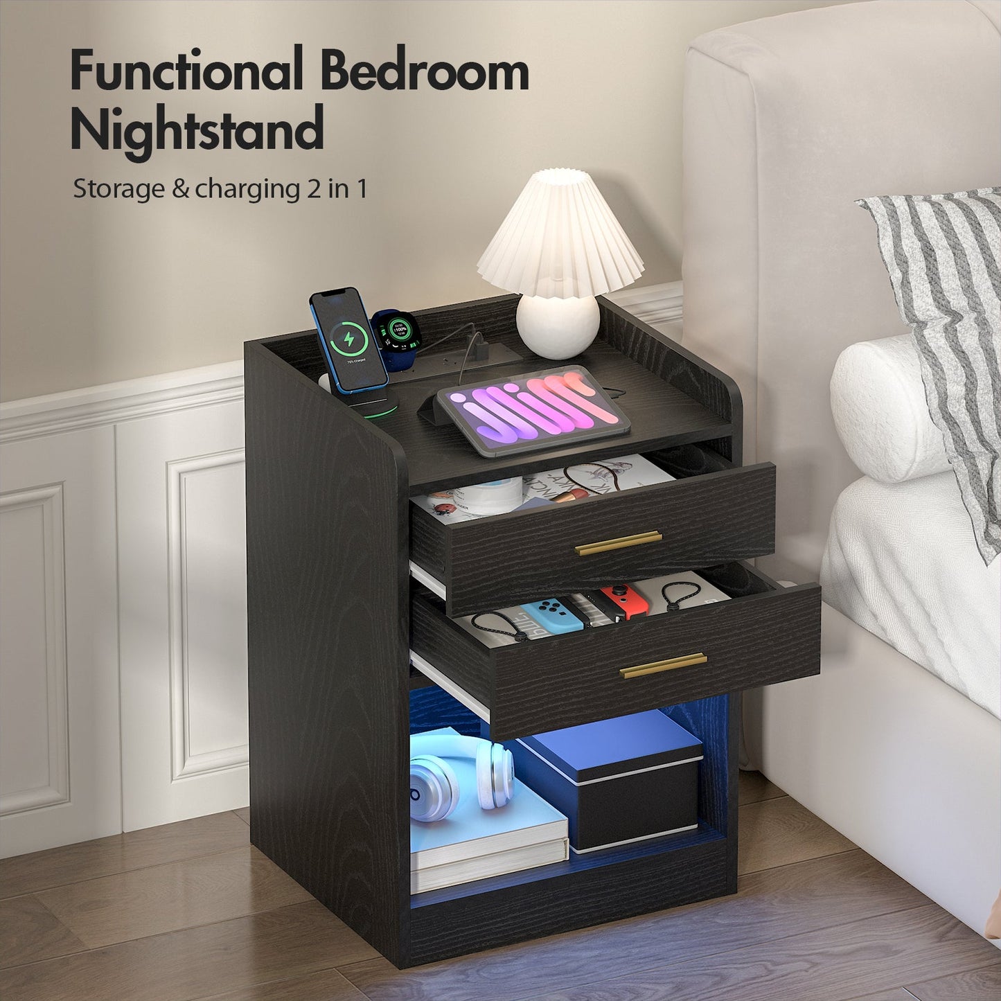 Advwin LED Bedside Table with Charging Station