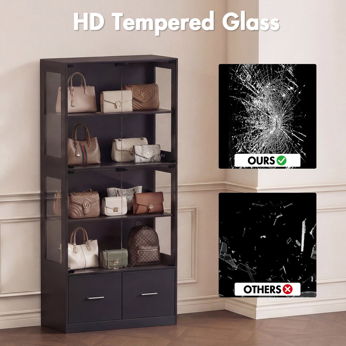 Advwin 4 Tier Glass Display Cabinet LED Storage Bookshelf