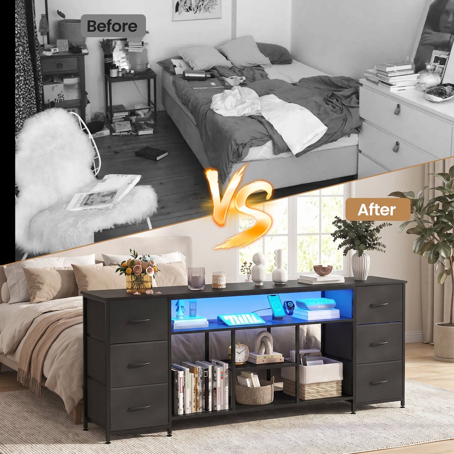 Advwin 160cm TV Unit Cabinet with 6 Drawers & Open Shelf