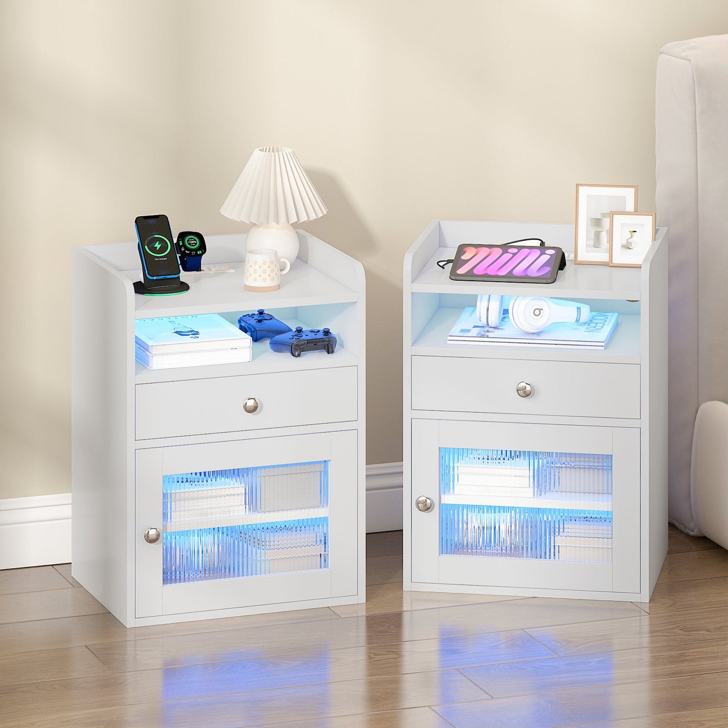 Advwin Bedside Table with Charging Station & LED Light