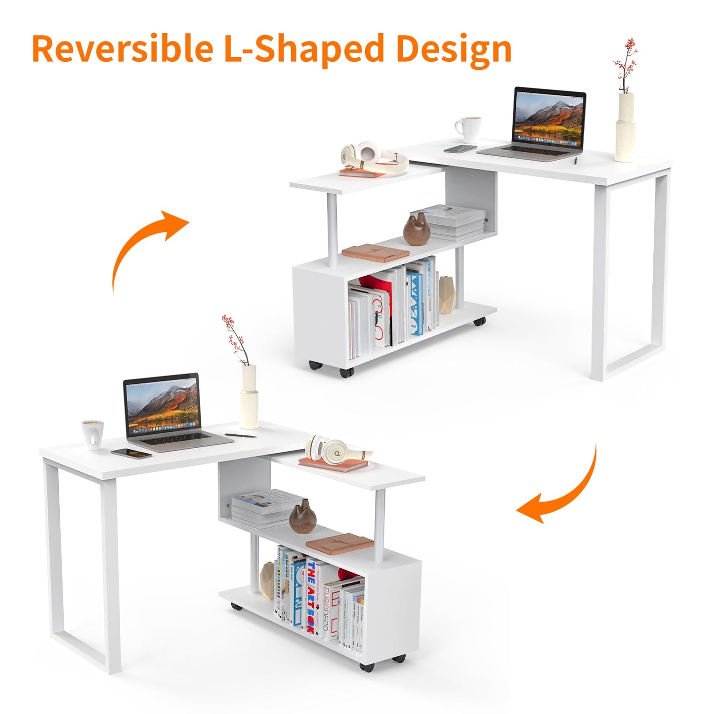 Advwin L-Shape 360° Rotating Bookshelf Computer Desk