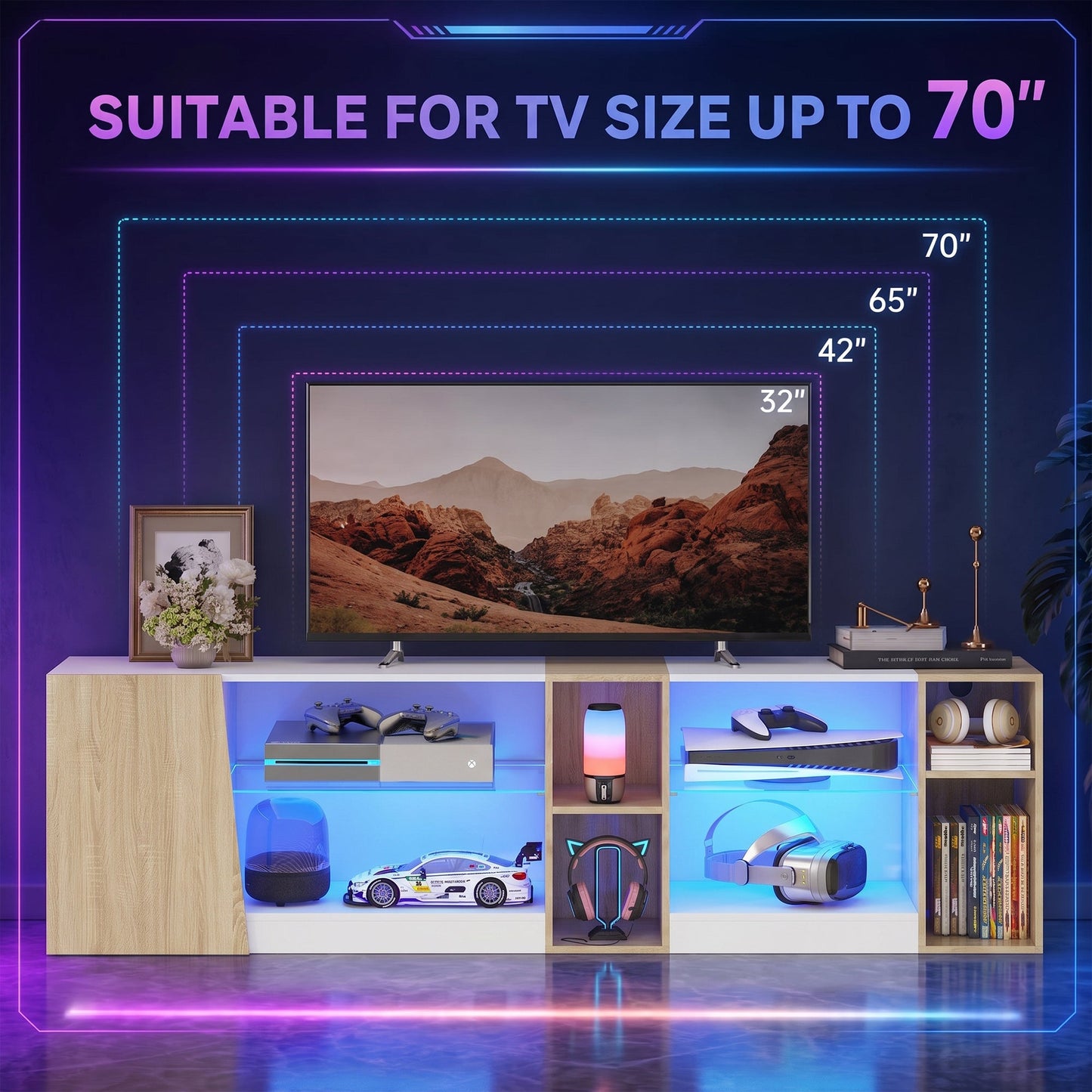 Advwin 160cm LED TV Unit with Adjustable Glass Shelves