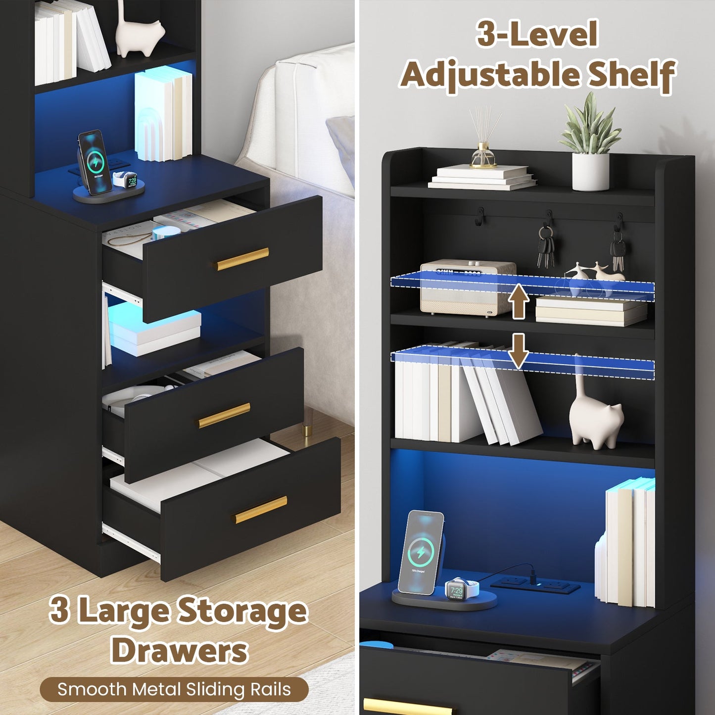 Advwin Set of 2 Tall Bedside Table with Charging Station
