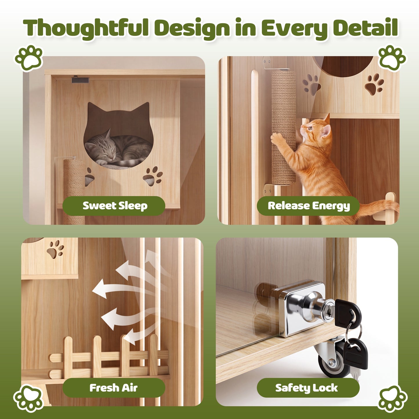 Advwin Large Wooden Cat Enclosure with Wheels & Glass Doors
