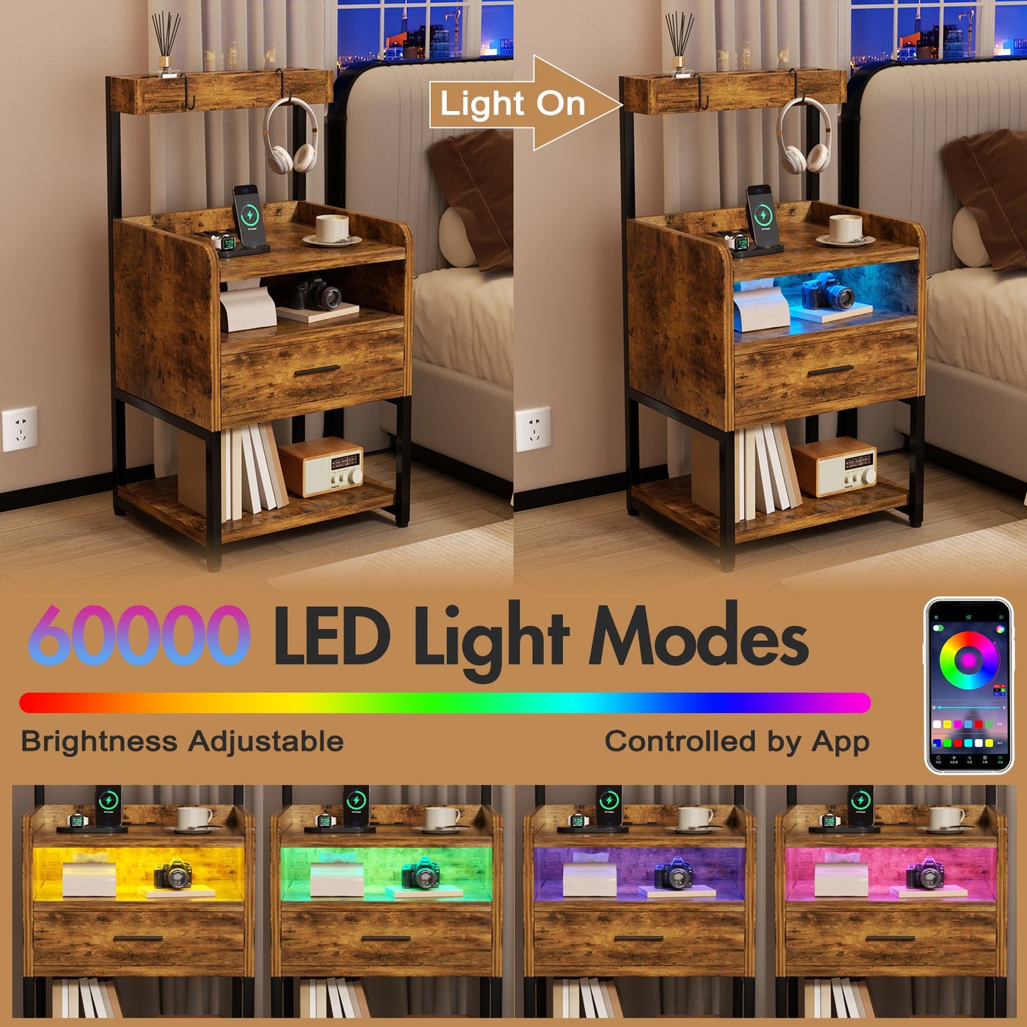 Advwin Bedside Table with Charging Station LED Lights