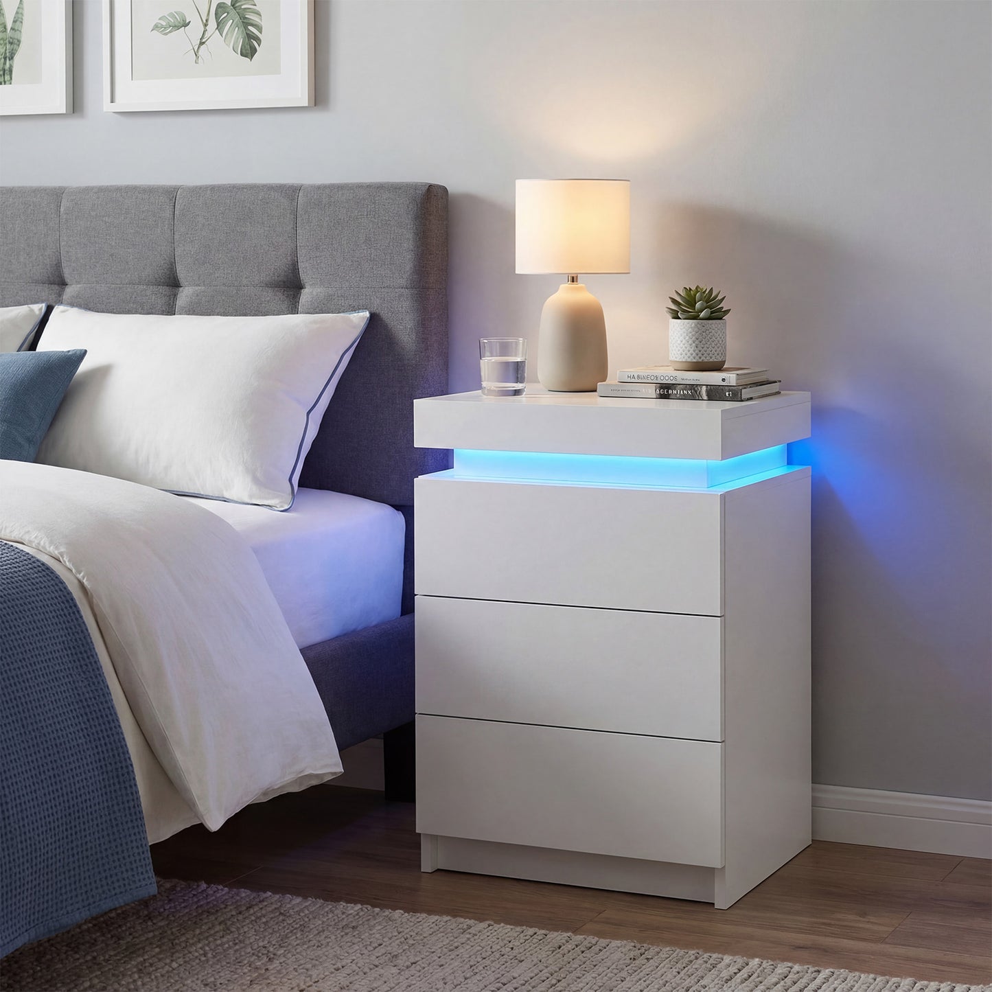 Advwin Bedside Table 3 Drawers With LED Light