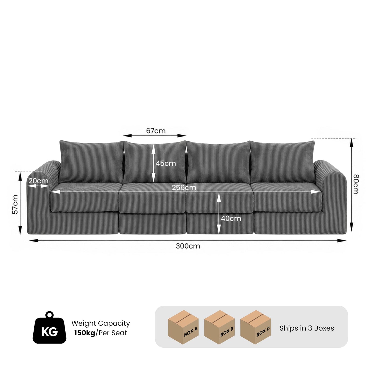 Advwin 300cm Corduroy 4-Seater Modular Sofa Bed