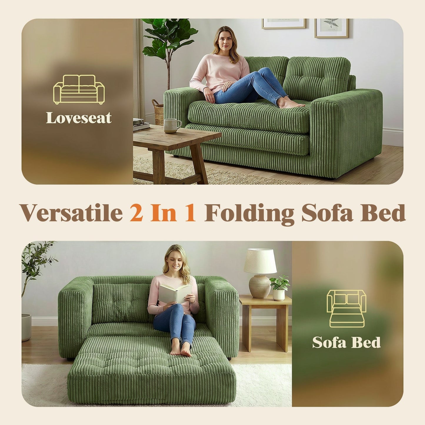 Advwin Folding Sofa Bed  Fold Out Corduroy Sleeper Couch
