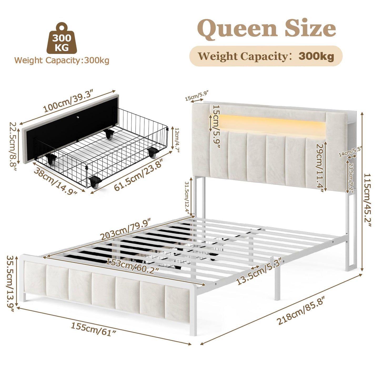 Advwin Bed Frame w/ LED Shelves & Charging Station