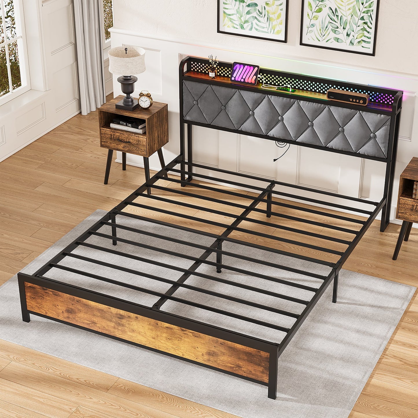 Advwin RGB LED Lights Bed Frame w/Charging Station