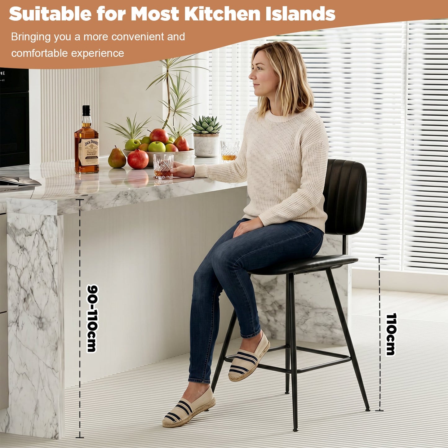 Advwin Set of 2 PU Leather Bar Stools with Back & Footrest