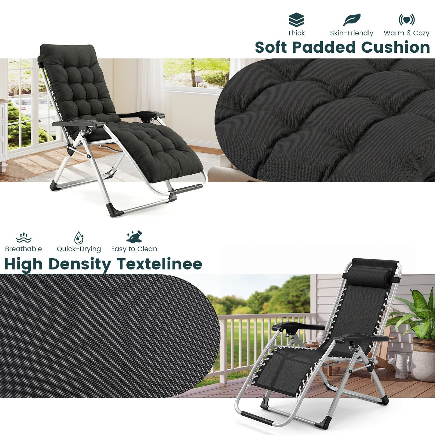 Advwin Folding Zero Gravity Chair w/ 170° Adjustable Recline