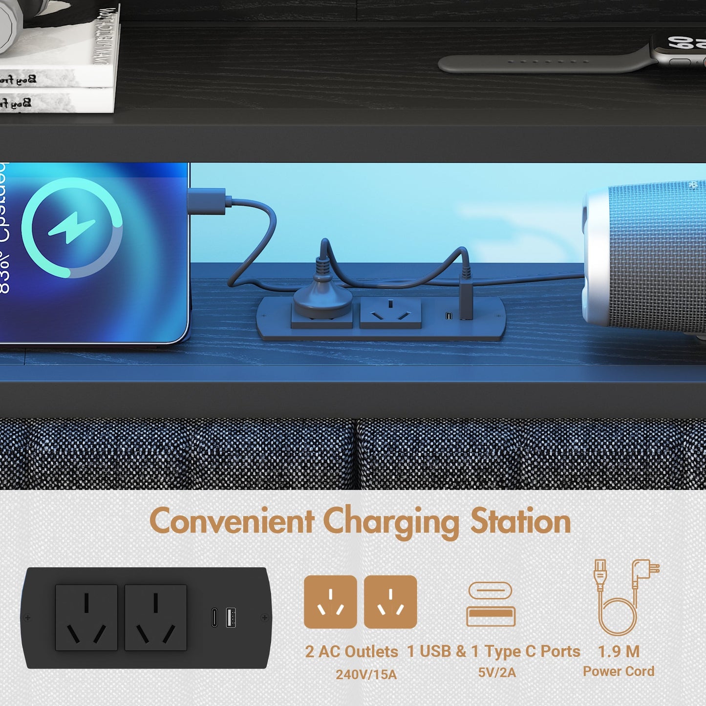 Advwin Storage Headboard Upholstered with Light Charging Station