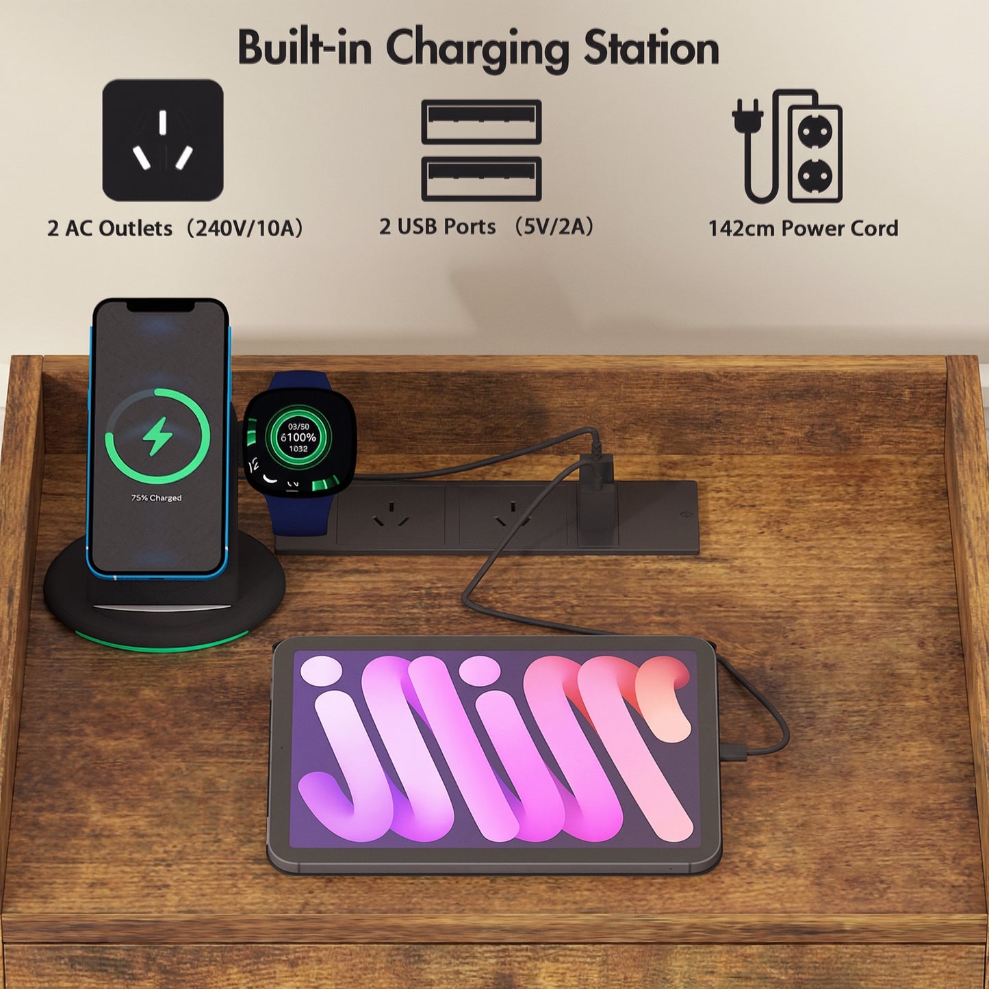 Advwin LED Bedside Table with Charging Station