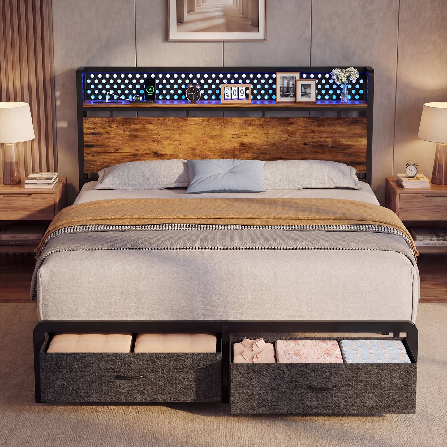 Advwin LED Bed Frame w/ Charging & 2 Drawers