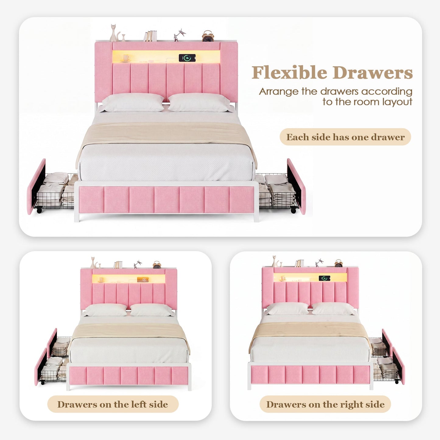 Advwin Bed Frame with LED Shelves & Charging Station Pink