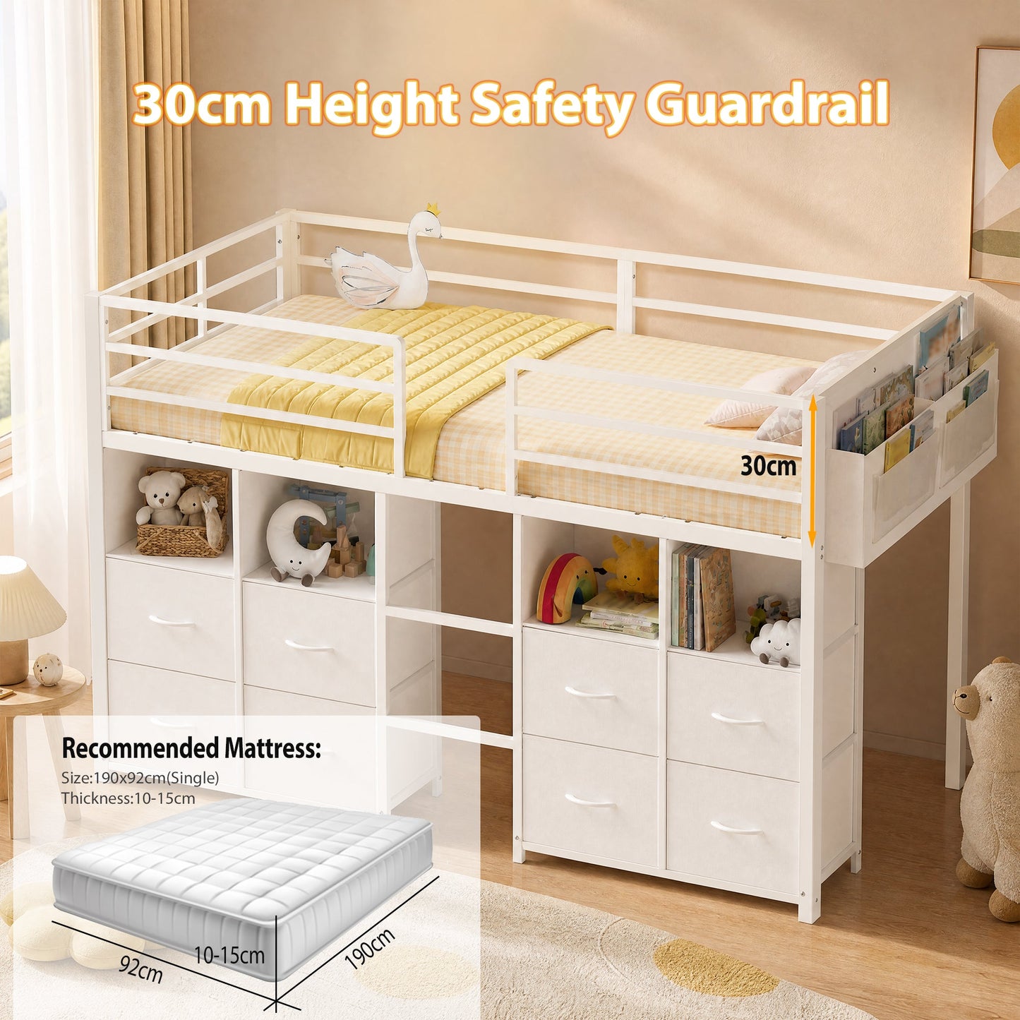 Advwin Low Loft Bed Frame with 8 Drawers & LED Light