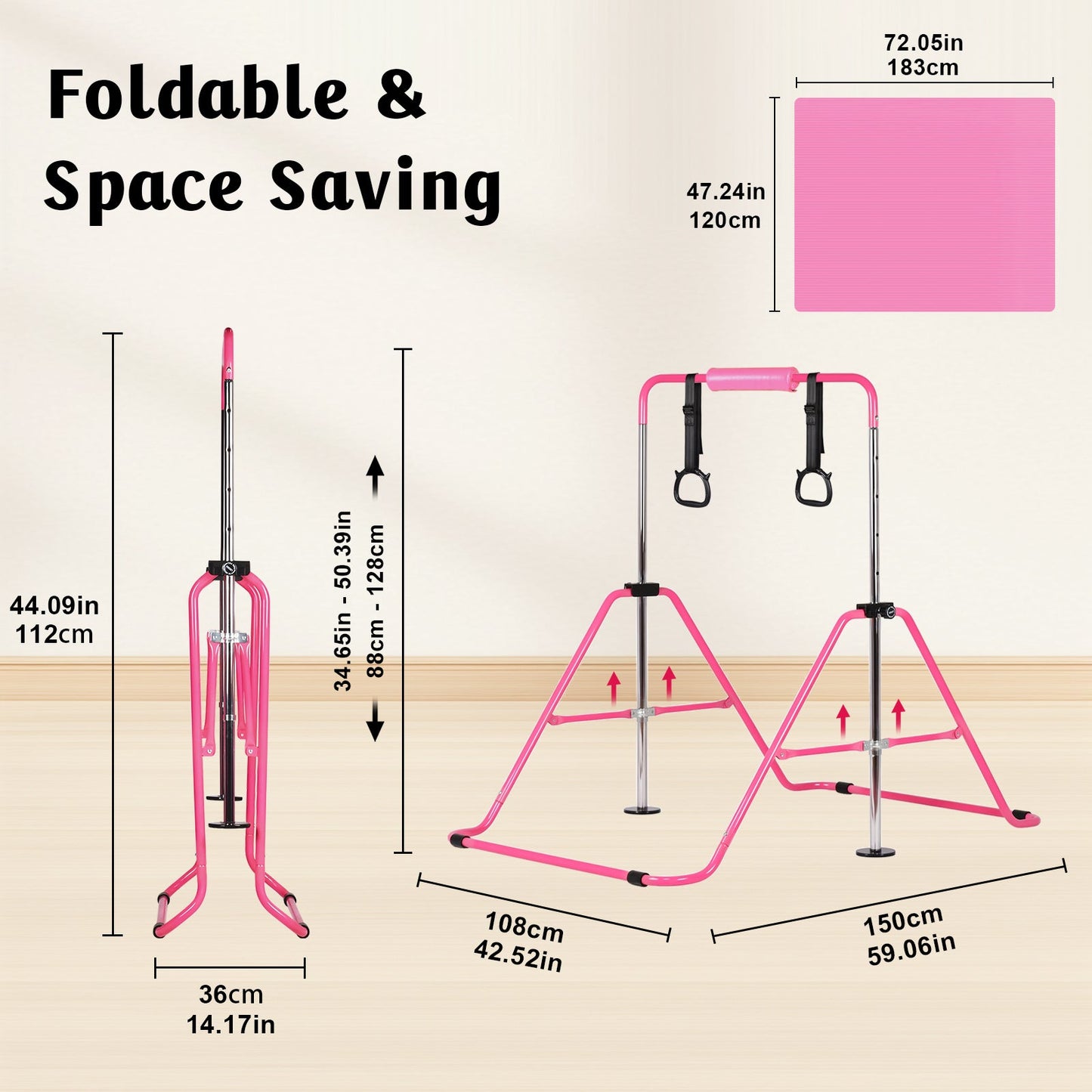 Advwin Pink Kids Gymnastics Bar with Mat Rings Swing