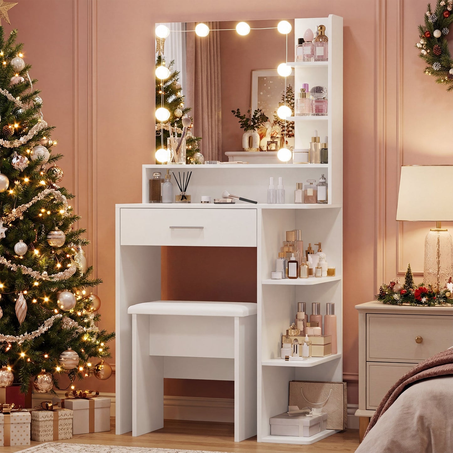 Advwin Dressing Table Set with 10 LED Bulb Mirror