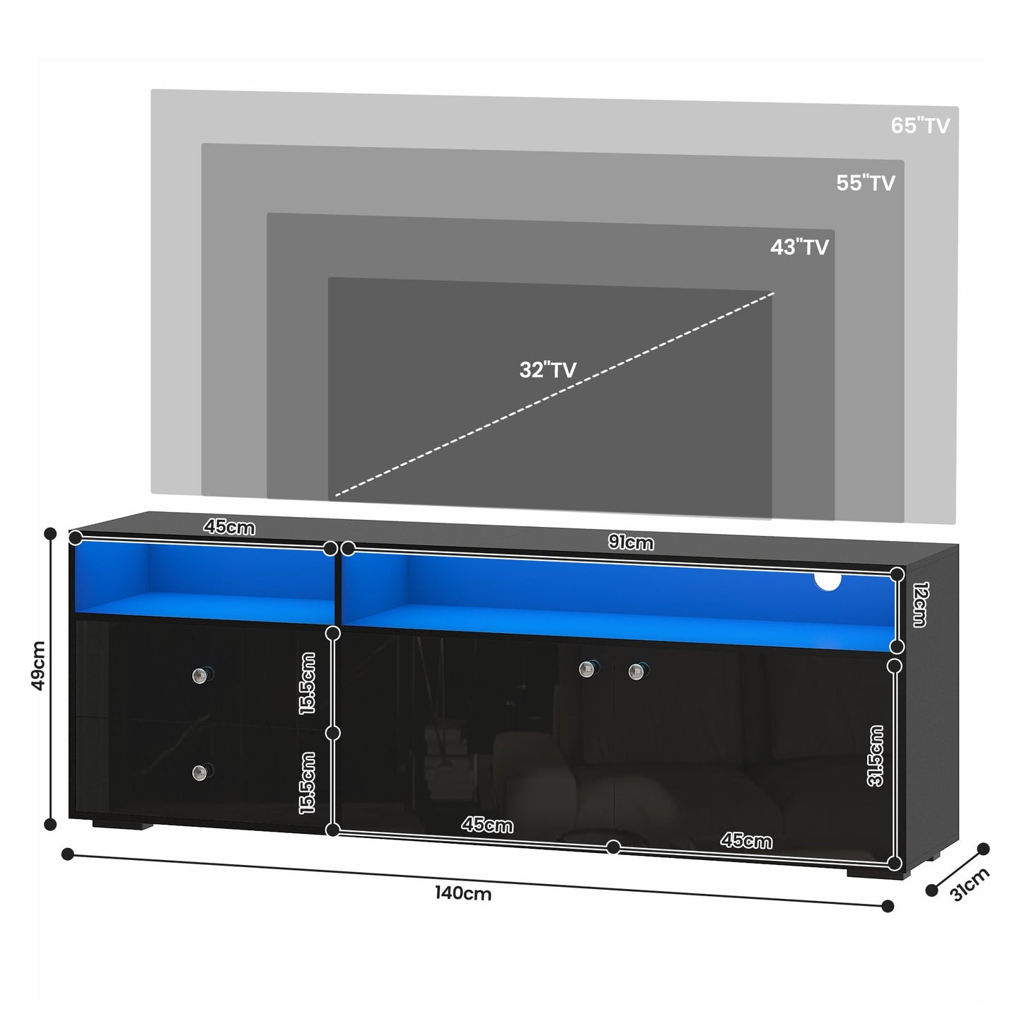 Advwin 140cm LED TV Cabinet Media Console Black