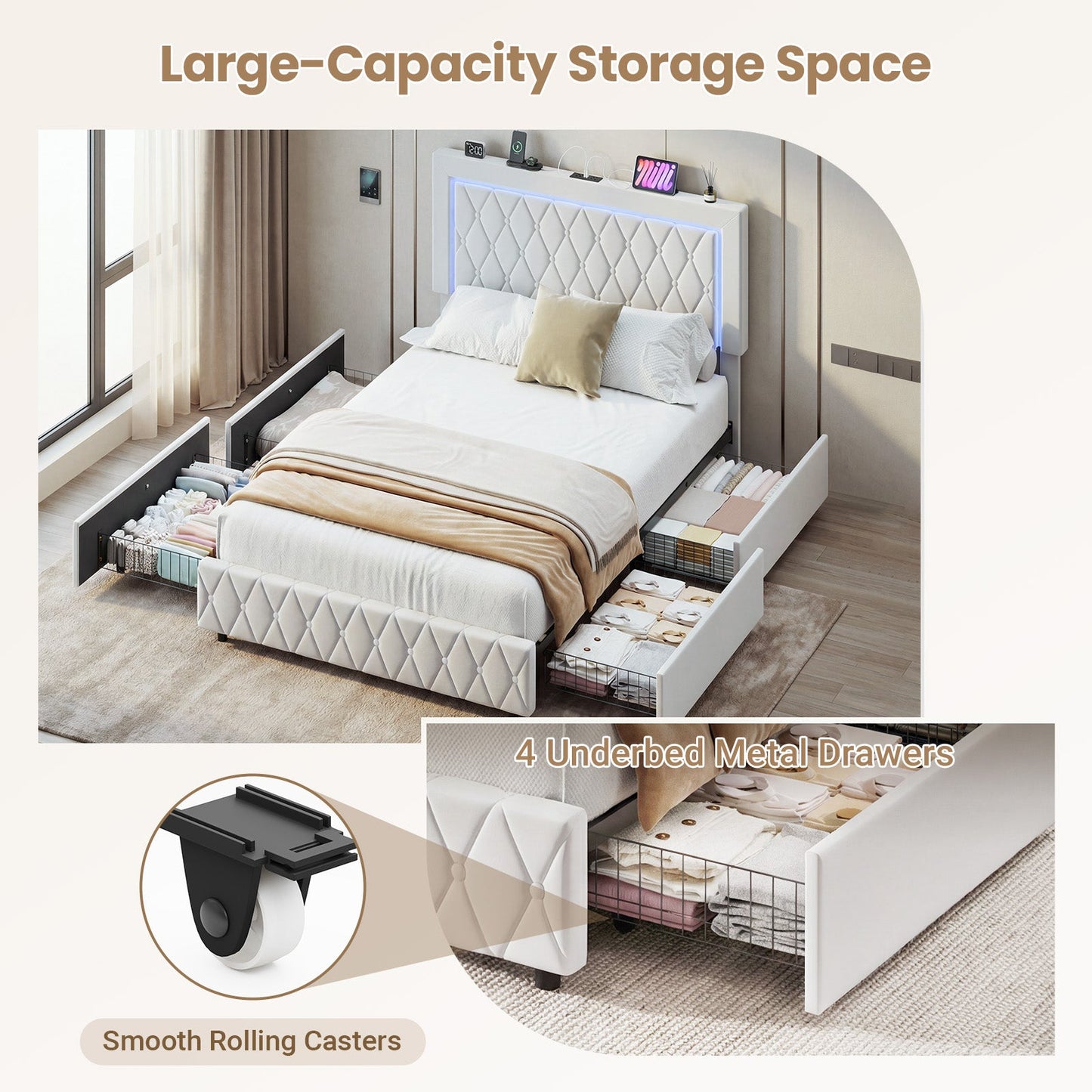 Advwin LED Bed Frame with Drawers and Charging