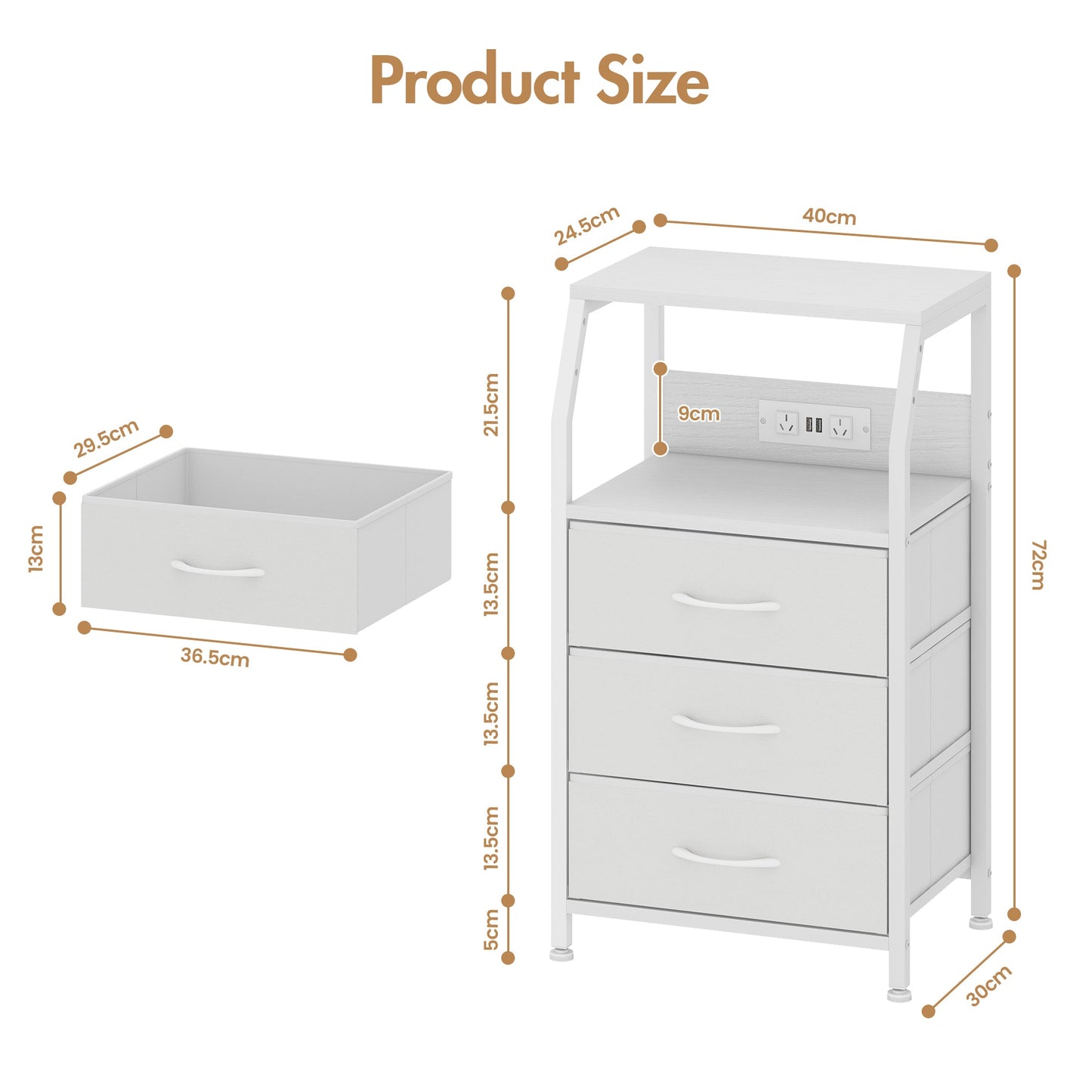 Advwin Bedside Table with 3 Drawers and Charging Station