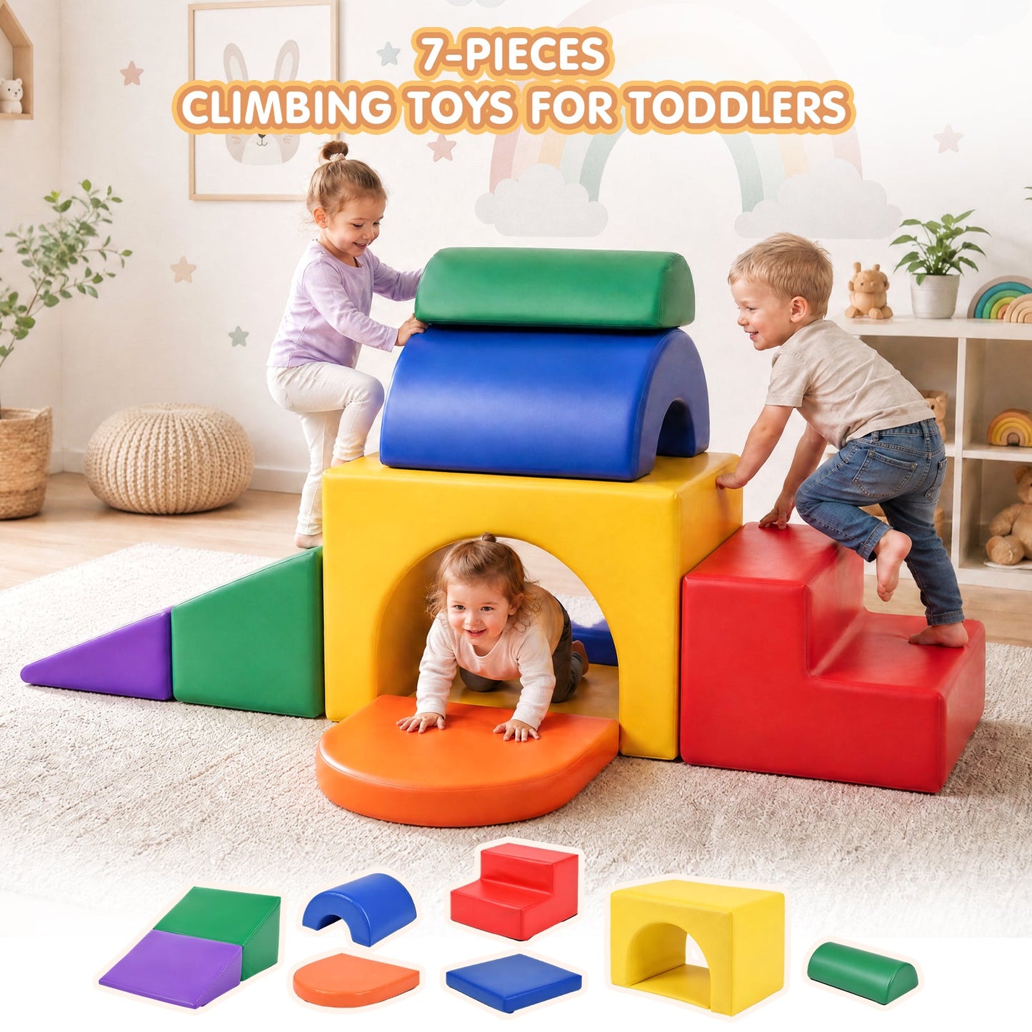 Advwin 7-Piece Kids Foam Blocks Play Set w/ Anti-Slip Base