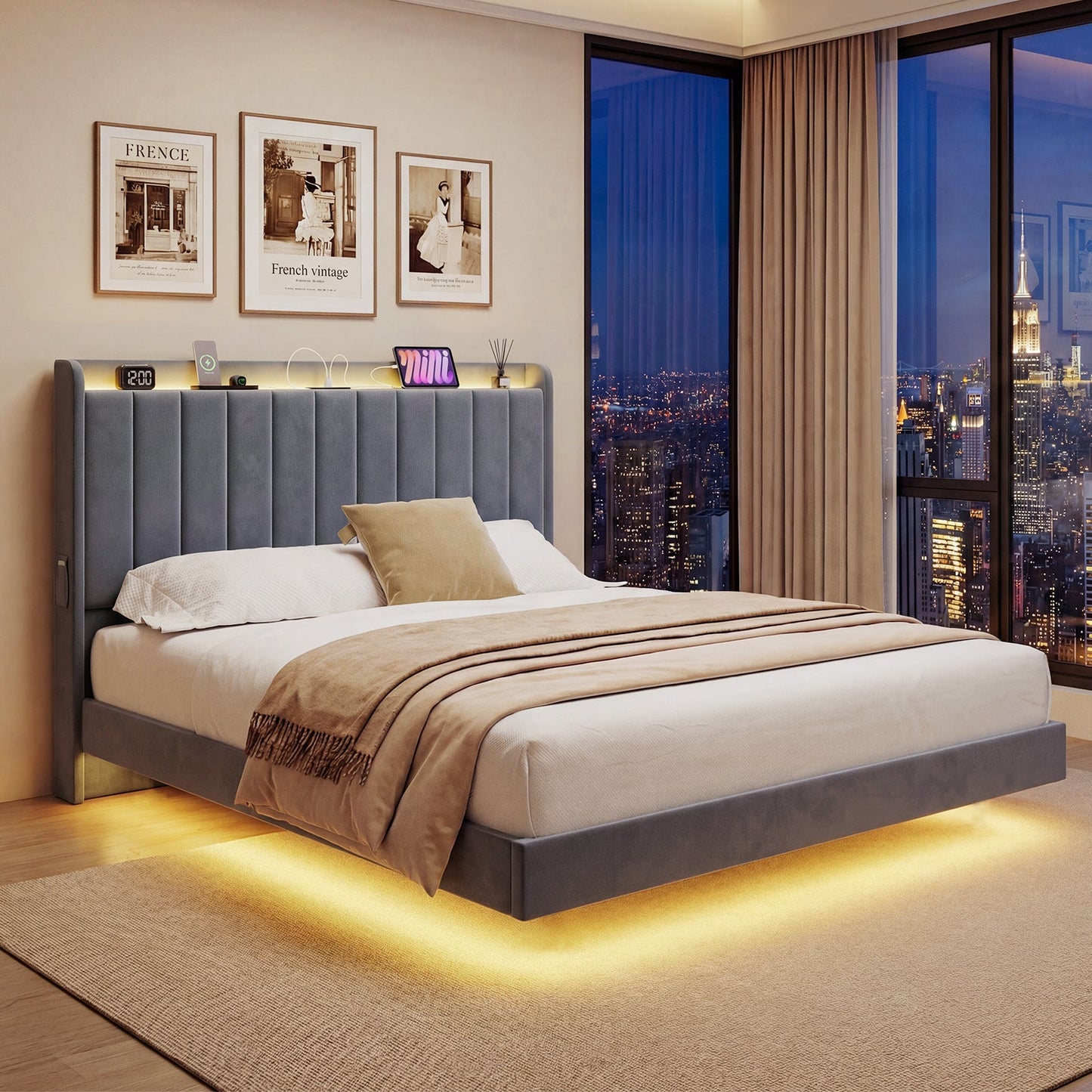 Advwin Velvet Floating Bed Frame with RGB LED