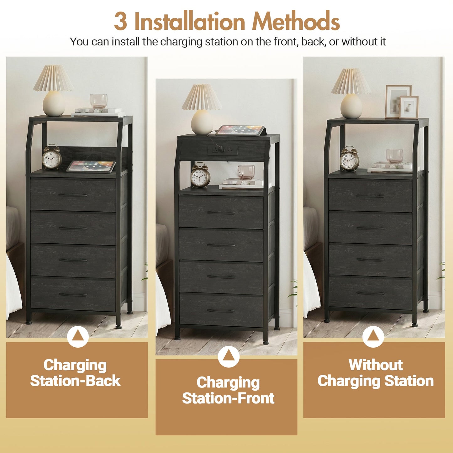 Advwin Bedside Table with 4 Drawers and Charging Station