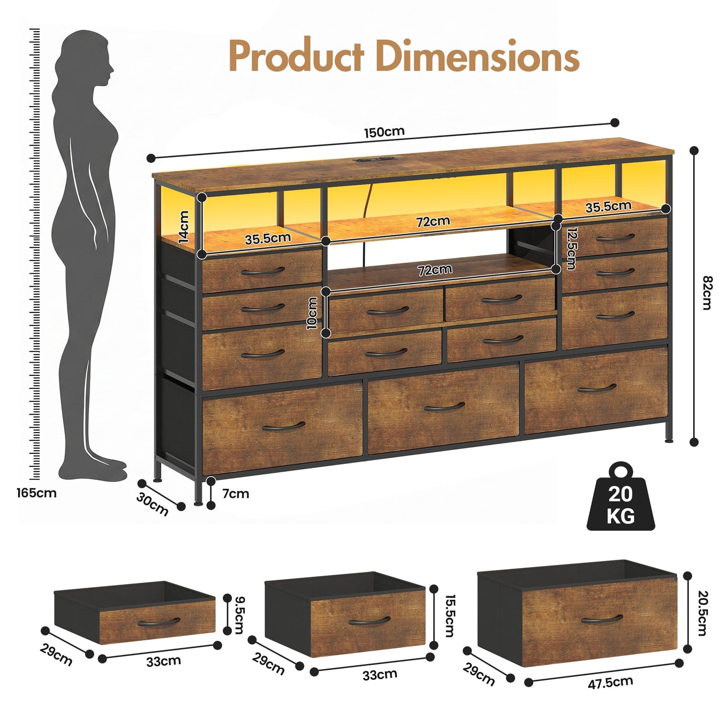 Advwin 13 Fabric Drawer Dresser with Charging Station