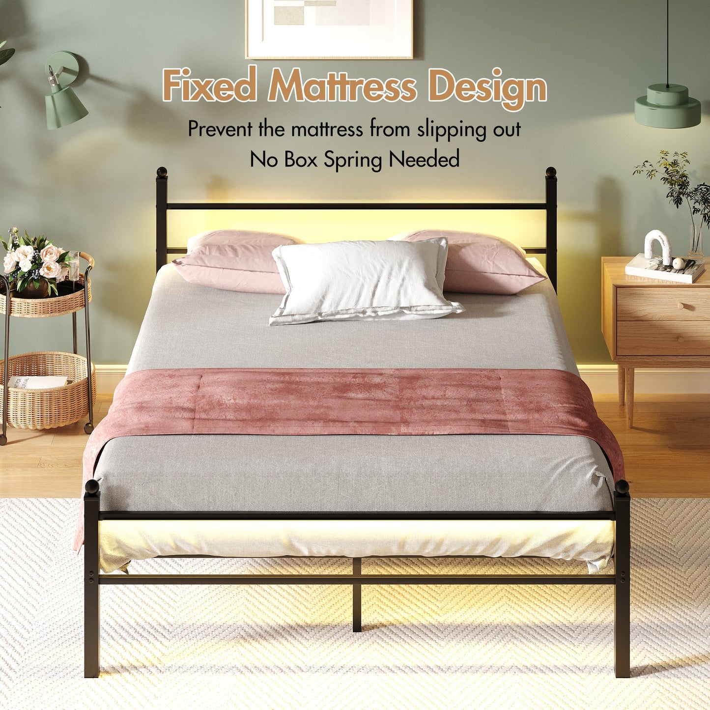 Advwin Metal Platform Bed Frame w/ Headboard Black