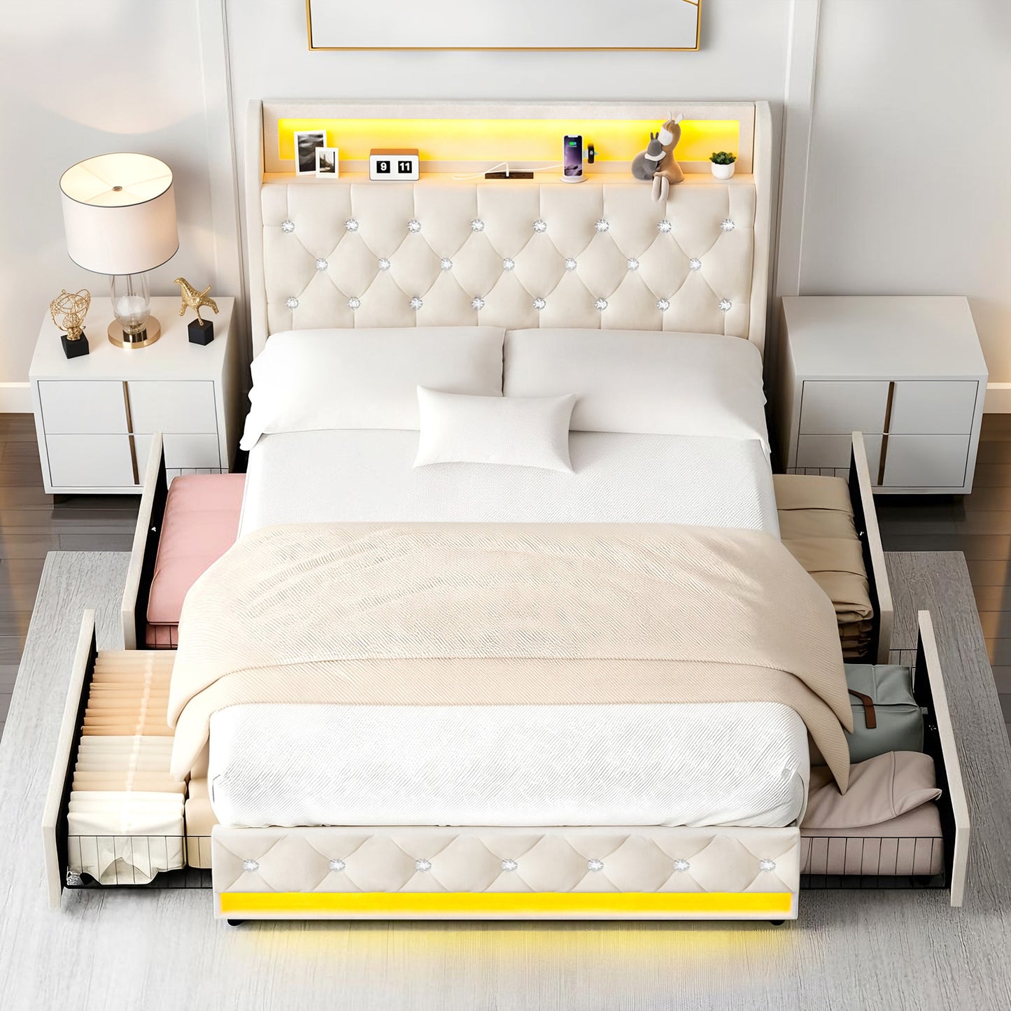 Advwin Bed Frame with Velvet Upholstered Headboard